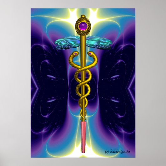 GOLD CADUCEUS Medical Symbool Paarse Blauwe Waves Poster (Voorkant)