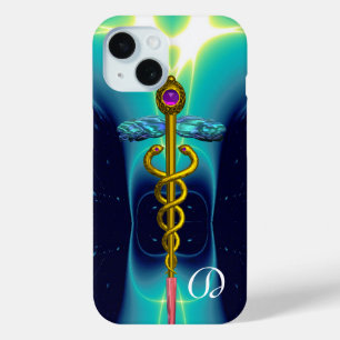 GOLD CADUCEUS MEDISCH MONOGRAM, Blauwgroen Aqua bl iPhone 15 Case
