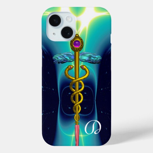 GOLD CADUCEUS MEDISCH MONOGRAM, Blauwgroen Aqua bl Case-Mate iPhone Case (Achterkant)