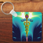 GOLD CADUCEUS MEDISCH SYMBOL Aqua Blue Turquoise Sleutelhanger (Voorkant)