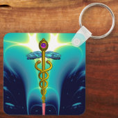GOLD CADUCEUS MEDISCH SYMBOL Aqua Blue Turquoise Sleutelhanger (Achterkant)