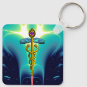 GOLD CADUCEUS MEDISCH SYMBOL Aqua Blue Turquoise Sleutelhanger (Achterkant)