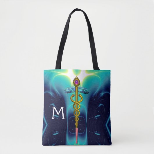 GOLD CADUCEUS MEDISCH SYMBOLMONOGRAM, Blauwgroen b Tote Bag (Voorkant)