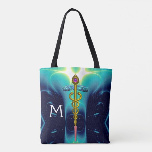 GOLD CADUCEUS MEDISCH SYMBOLMONOGRAM, Blauwgroen b Tote Bag (Achterkant)