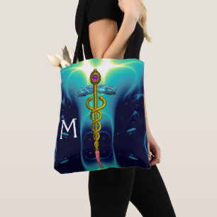 GOLD CADUCEUS MEDISCH SYMBOLMONOGRAM, Blauwgroen b Tote Bag