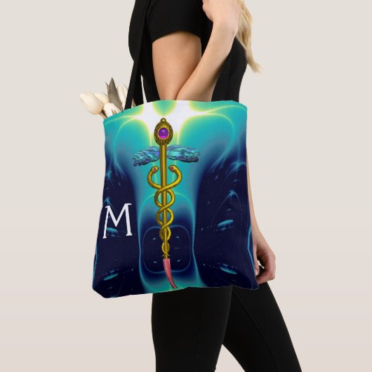 GOLD CADUCEUS MEDISCH SYMBOLMONOGRAM, Blauwgroen b Tote Bag (Dichtbij)