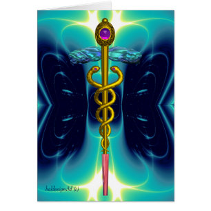 GOLD CADUCEUS MEDISCH SYMBOOL Aqua Blue Light Wave