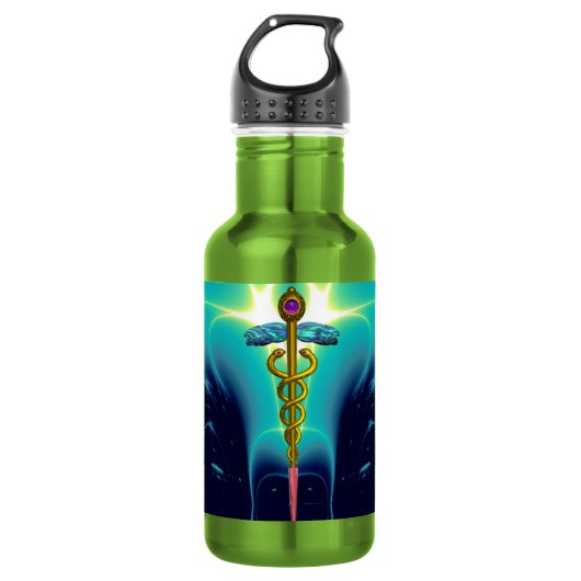 GOLD CADUCEUS MEDISCH SYMBOOL Aqua Blue Light Wave Waterfles (Voorkant)