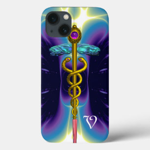 GOLD CADUCEUS MEDISCH SYMBOOL, blauw Paars monogra iPhone 13 Hoesje