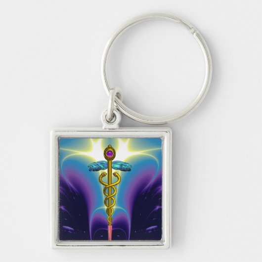 GOLD CADUCEUS MEDISCH SYMBOOL Blauw Paars Sleutelhanger (Voorkant)