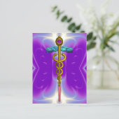 GOLD CADUCEUS MEDISCH SYMBOOL BLAUW PAARSE FRACTAL BRIEFKAART (Staand voorkant)