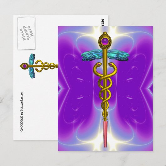 GOLD CADUCEUS MEDISCH SYMBOOL BLAUW PAARSE FRACTAL BRIEFKAART (Voorkant / Achterkant)