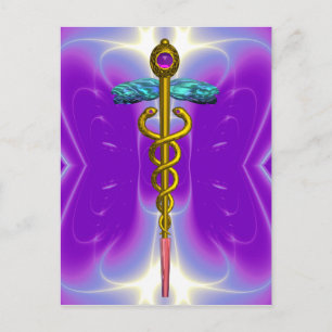 GOLD CADUCEUS MEDISCH SYMBOOL BLAUW PAARSE FRACTAL BRIEFKAART