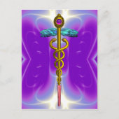 GOLD CADUCEUS MEDISCH SYMBOOL BLAUW PAARSE FRACTAL BRIEFKAART (Voorkant)