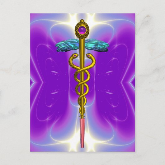GOLD CADUCEUS MEDISCH SYMBOOL BLAUW PAARSE FRACTAL BRIEFKAART (Voorkant)