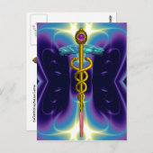 GOLD CADUCEUS MEDISCH SYMBOOL BLAUW PAARSE FRACTAL BRIEFKAART (Voorkant / Achterkant)