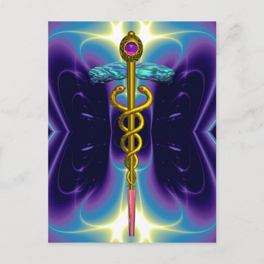 GOLD CADUCEUS MEDISCH SYMBOOL BLAUW PAARSE FRACTAL BRIEFKAART (Voorkant)