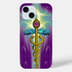 GOLD CADUCEUS MEDISCH SYMBOOL, Blauwgroen Groen Pa iPhone 15 Case