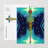 GOLD CADUCEUS MEDISCH SYMBOOL BLUE TURQUOISE BRIEFKAART (Voorkant / Achterkant)
