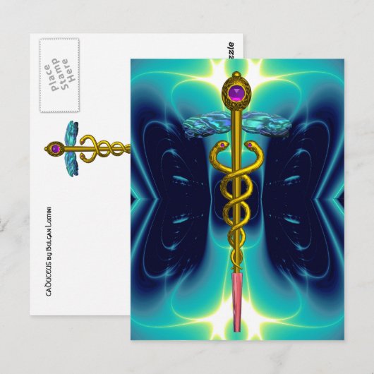 GOLD CADUCEUS MEDISCH SYMBOOL BLUE TURQUOISE BRIEFKAART (Voorkant / Achterkant)