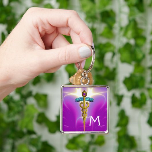 GOLD CADUCEUS MEDISCH SYMBOOL MONOGRAM, Roze Fuchs Sleutelhanger (Hand)