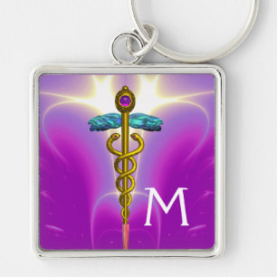 GOLD CADUCEUS MEDISCH SYMBOOL MONOGRAM, Roze Fuchs Sleutelhanger