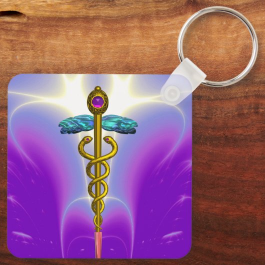 GOLD CADUCEUS MEDISCH SYMBOOL Ultra Violet Paars Sleutelhanger (Achterkant)