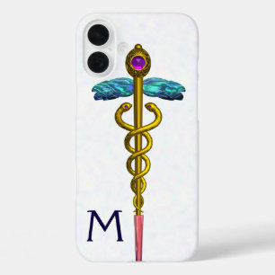 GOLD CADUCEUS MEDISCH SYMBOOL Witte Monogram iPhone 16 Plus Hoesje