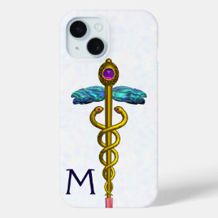 GOLD CADUCEUS MEDISCH SYMBOOL Witte Monogram iPhone 15 Case