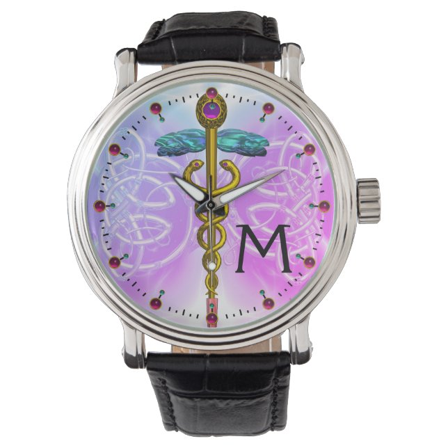 GOLD CADUCEUS MET CELTISCHE KENNIS MONOGRAM Blauwg Horloge (Voorkant)