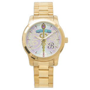 GOLD CADUCEUS MET CELTISCHE KENNIS MONOGRAM Blauwg Horloge