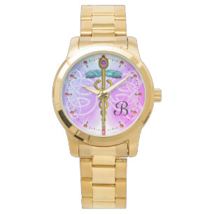 GOLD CADUCEUS MET CELTISCHE KENNIS MONOGRAM Blauwg Horloge