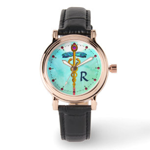 GOLD CADUCEUS MONOGRAM, Aqua Blue, Blauwgroen groe Horloge