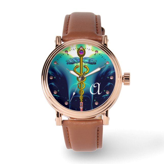 GOLD CADUCEUS MONOGRAM, Aqua Blue, Blauwgroen Horloge (Voorkant)