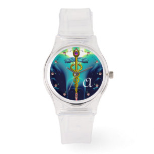 GOLD CADUCEUS MONOGRAM, Aqua Blue, Blauwgroen Horloge