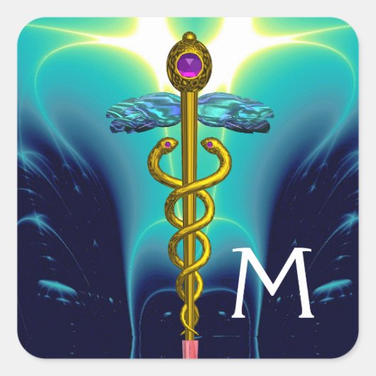 GOLD CADUCEUS MONOGRAM, Blue Turquoise Vierkante Sticker (Voorkant)