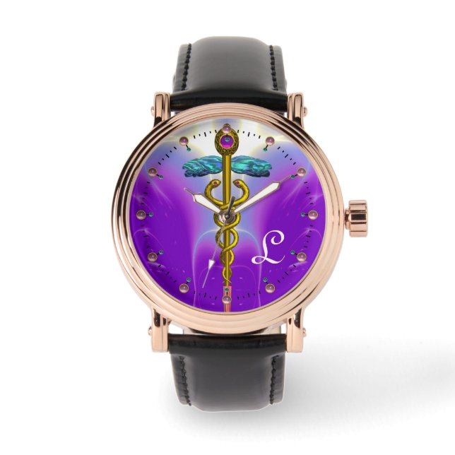 GOLD CADUCEUS MONOGRAM, Paars Blauwgroen Horloge (Voorkant)