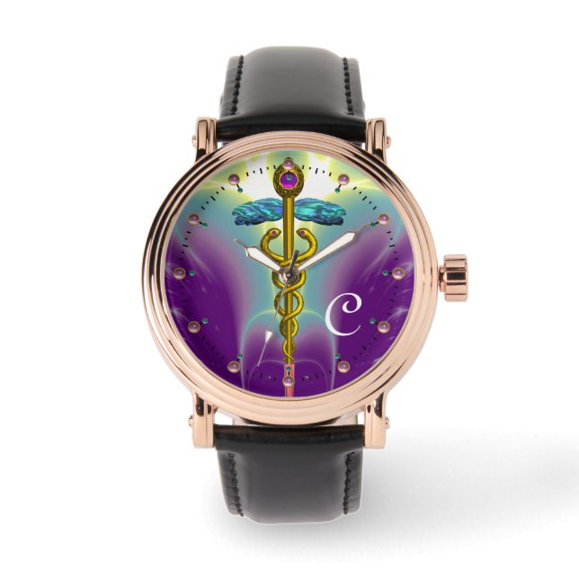 GOLD CADUCEUS MONOGRAM, Paars groen Horloge (Voorkant)