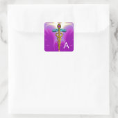 GOLD CADUCEUS MONOGRAM, Paars Roze Vierkante Sticker (Tas)