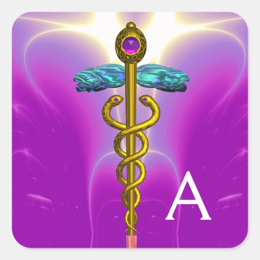 GOLD CADUCEUS MONOGRAM, Paars Roze Vierkante Sticker (Voorkant)