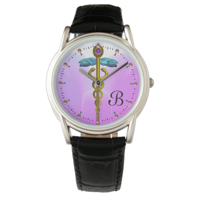 GOLD CADUCEUS MONOGRAM, Roze Lila Horloge (Voorkant)
