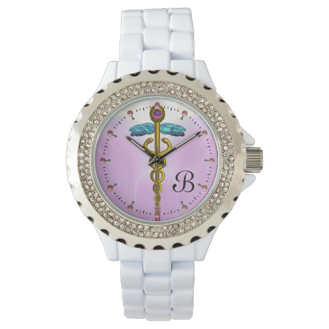 GOLD CADUCEUS MONOGRAM, Roze Lila Horloge (Voorkant)