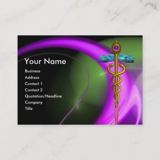 GOLD CADUCEUS , PAARSE GROENE VIOLET FRACTAL SWIRL VISITEKAARTJE (Voorkant)
