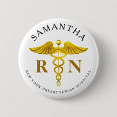 Gold Caduceus Registered Nurse Name Ronde Button 5,7 Cm (Voorkant)