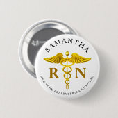 Gold Caduceus Registered Nurse Name Ronde Button 5,7 Cm (Voorkant /achterkant)
