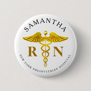 Gold Caduceus Registered Nurse Name Ronde Button 5,7 Cm