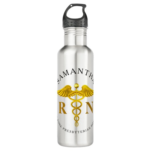 Gold Caduceus Registered Nurse Name Waterfles (Voorkant)