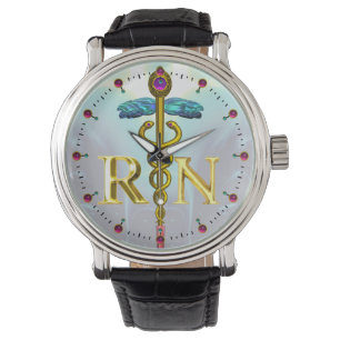 GOLD CADUCEUS REGISTERED NURSE SYMBOL / Teal Blue Horloge