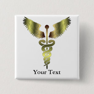 Gold Caduceus-symbool Vierkante Button 5,1 Cm