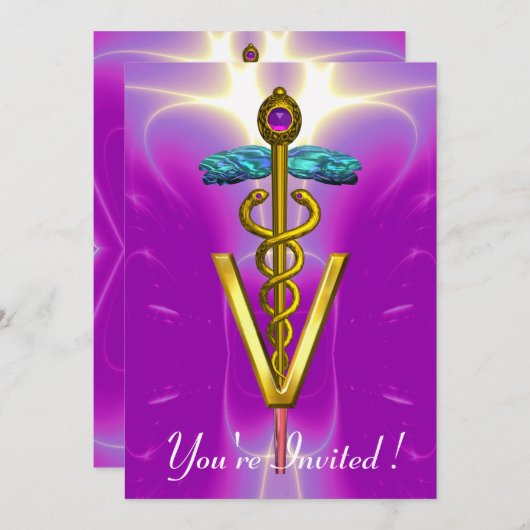 GOLD CADUCEUS VETERINAIR SYMBOL Pink Fuchsia Kaart (Voorkant / Achterkant)